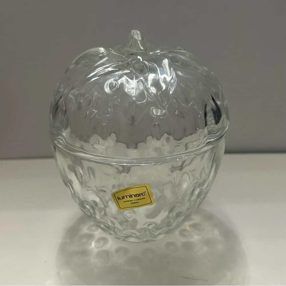 Vintage Strawberry Lidded Glass Trinket Candy Dish in Original Luminarc Box 1992